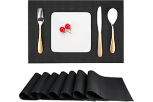 Myir JUN Table Mats Set of 8, Place Mats Table Placemats Washable Non-slip Heat Insulation Woven Vinyl for Kitchen Dinning Restaurant 18"X12" (Black)