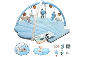 Suihuooo Spielbogen Baby, Ozean Muschel Thema Spieldecke Baby, Baby Gym mit 6 abnehmbare Aktivität Spielzeug, frühe sensorische Entwicklung Baby Play Mat für Kleinkind & Neugeborene (Blau)