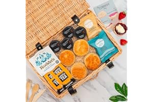 Cornish Hampers & Gifts 4 Person Cream Tea - Deluxe Wicker Hamper Basket Included - Fresh Scones, Tea, Jam, Roddas Clotted Cream & Biscuits + Elegant Wicker Basket. Anniversary & Special Occasions