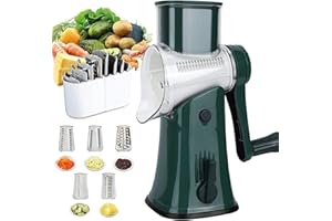 Rotary Cheese Grater Vegetable Slicer,EA ARENA 5 in 1 Rotary Drum Blades Rotary Grater Slicer Multi Cheese Shredder for Kitchen, Round Tumbling Slicer for Fruits, Vegetables, Nuts (Green)