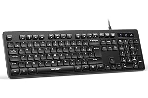 TECKNET Wired USB Keyboard, Full-Size Silent Office Keyboard with Numeric Keypad, Spill-Resistant Design, QWERTY UK Layout, Compatible with PC Laptop Desktop Windows/Mac – Black