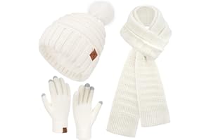 Bequemer Laden Femmes Hiver Bonnets Écharpe Gants Ensemble, Doublure Polaire Chaud Bonnet Pompon Longues Echarpes Gants Tactile Cadeau Femme Temps Froid