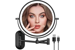 ‎AUXMIR Auxmir Naścienne lusterko do makijażu 3200mAh z pęsetą, 20 cm (8"), ładowane przez USB, 1X/20X, dwustronne, powiększające lustro do golenia z 3 kolorowymi światłami, obrotowe o 360° lustro łazienkowe