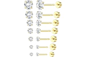 ADRAMATA 7 Pairs Threadless Stud Earrings Surgical Steel Earrings Set for Men and Women 2-8 mm Zirconia Cartilage Earrings 18K Gold Stud Earrings for Tragus Daith Helix Ear Piercing Flat Back Earrings