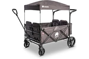 elvent® WagonPro City Bollerwagen/Handwagen faltbar mit Dach I 4 Sitzplätze | groß I Sitzpolster, Hecktasche, Feststellbremse, 5-Punkt-Gurt I für 4 Kinder (Grau)