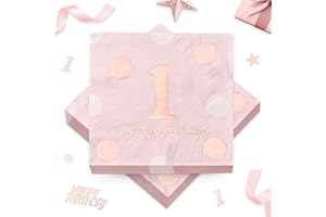 HAPPIRRA 30 Stück Servietten 1. Geburtstag + 15 Gramm Konfetti Streudeko, Roségold Deko Erster Geburtstag Mädchen, Happy Birthday 1 Servietten, Tischdeko Papierservietten, 33 * 33cm