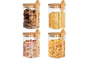KUOGAS Juego De 4 Tarros De Cristal Con Tapa, Con Cucharas, Ideales Para El Almacenamiento En La Cocina, Perfectos Para Guardar Café, Té, Azúcar Y Especias