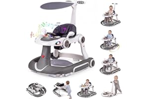 COSTWAY 7 in 1 Lauflernhilfe mit Verdeck, Lauflerwagen mit einstellbarer Höhe & Geschwindigkeit, Baby Walker klappbar mit Spielboard, Musik, Licht & Rädern, Gehfrei Baby ab 6 Monaten (Grau)