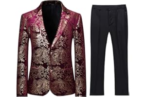 Sliktaa Jungen Kostüm 2 Teilig Klassisch Gold Floral Jacquard Slim Fit Allerheiligen Hochzeit Ball Tuxedo Jacke und Hose 6 Farben