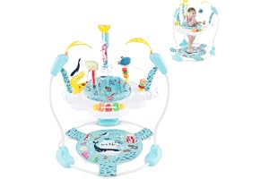 LIFEZEAL 2-i-1 aktivitetscenter för baby (blå 2) | Jumperoo Baby med 360° roterande säte, rullator med leksaker, lekcenter med ljus och melodier för småbarn