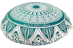 Stylo Culture Ethnisch Dekorativ Rund Bodenkissenbezug Boho 80x80 cm Groß Meditationskissen Mandala Grün Bohemien Pom Pom Spitze Schöne Sitzkissen Baumwolle Blumen Bodenkissen Sitzkissen