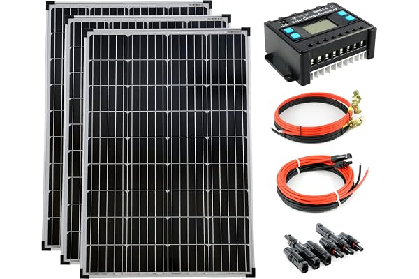 solartronics Komplett set 3 x 100 watt monokristallinpaneler, 5 busbars, 20 A laddningsregulator, 12 V/24 V kabel, solceller