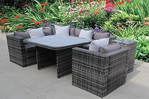 UK Leisure World Outdoor Dining Set - Rattan Corner Sofa with Grey Cushions, Glass Dining Table & High Coffee Table