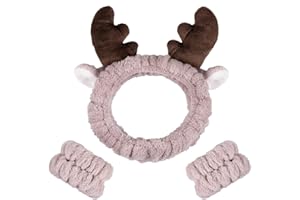DHRUTI Haarband Schminken Plüsch Weihnachts Geweihe Braun Gesicht Waschen Haarbänder Make up Stirnband mit Handgelenk Waschband,Haarband zum Abschminken Dusche Spa, Geburtstagsgeschenke für Frauen