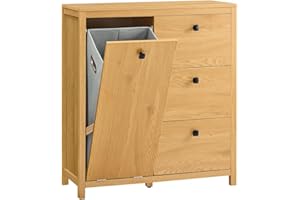 SoBuy Mobile lavanderia con sacchi portabiancheria pieghevoli, Mobiletto bagno con tre cassetti, Armadio portabiancheria, Naturale Chiaro 80x35x89 cm BZR97-SN