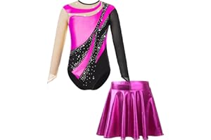 Miaeowve Acrobatic Suit Girls with Skirt Kids Metallic Dance Wear Long Sleeve Rhinestone Glitter Sports Body Patchwork Jersey with Cut Out Competition Dance Costume