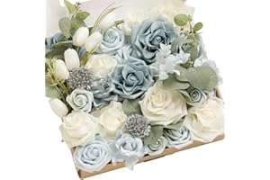 ‎LING'S MOMENT Ling's moment gefälschte Blumen Box, künstliche Pflanzen Stängel Schaum Rosen Seide Grün für Hochzeit Dekor Tafelaufsätze Tischdekorationen Blumenarrangements, staubig blau & weiß, große Kombination