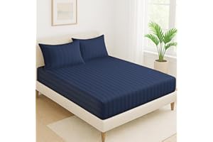 Cloth Fusion Elastic Fitted Glace Cotton Satin Striped Bedsheet Queen Size for Double Bed with 2 Pillow Covers (78X60 Inches, Navy Blue)