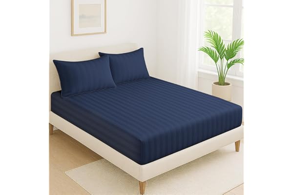 Cloth Fusion Elastic Fitted Glace Cotton Satin Striped Bedsheet King Size with 2 Pillow Covers (78X72 Inches, Navy Blue) 130TC