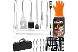 TEENZA 28Pcs Ustensiles Barbecue, Kit Barbecue en Acier Inoxydable Professionnel - Cadeau de Homme Set d'Outils BBQ Accessoires Barbecue avec Mallette Portable - pour Jardin, Camping, Extérieur