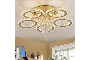 ‎VETRULUS VETRULUS Moderner Kristall-Kronleuchter – Goldene LED-Deckenleuchte mit 5 Ringen, Dimmbar für Schlafzimmer, Wohnzimmer, Esszimmer, Flur