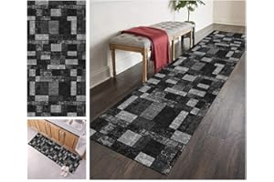 ‎ZVEZVI ZVEZVI Teppich Läufer Flur Küche Grau und Schwarz Geometrische Muster 40x60cm Modern rutschfest Waschbar Vintage Kücheläufer Teppichläufer Polyester Meterware Anpassbar