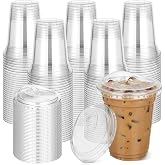 KAHEIGN 50 Pieces Clear Plastic Cups with Lids, 360 ml Reusable Plastic Coffee Cup Elegant Party Drinks Cups for Iced Coffee