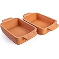 LUKSYOL Handmade Terracotta Rectangular Oven Tray Set of 2 - Mexican and Indian Cooking Pans, Unglazed Clay Roasting Pot with Handles (8.7x4.3x1.8 inches) - Authentic Culinary Delights for Home Chefs