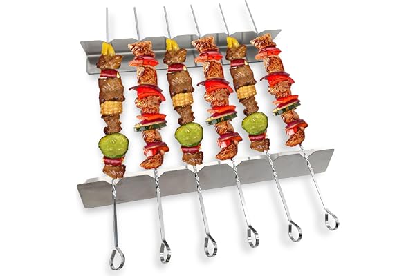 Grillspettsats, LEKEFETO 2 x Grillspettställ, 6 x rostfritt stål grillspett, shashlikspettsats i rostfritt stål, shashlikgrill med fast hyllan, köttspett för kött, grönsaker