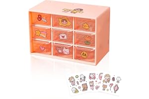 HMIEPRS Small Plastic Storage Drawers, Desk Organiser Drawers, Transparent 3Layer 9 Drawers Craft box with 20 Cute Sticker Suitable for Sewing Crafts Art Supply Office Supplies Cosmetics Jewelry(Pink)