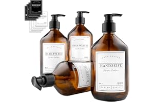 MONOKO Dispenser di sapone in vetro marrone da 500 ml – flaconi per shampoo da riempire – Set di 4 dispenser con etichette (marrone, 500 ml)