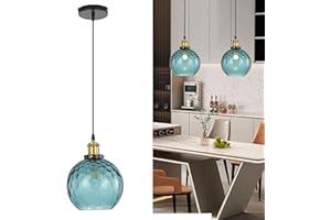 HJXDtech 20cm Lámpara Colgante de Araña de Vidrio Ondulado Esférico Industrial Vintage, Luz Colgante de Techo E27 Loft Bar Colorida con Retro Acabado Bronce (Azul oscuro)