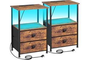AMHANCIBLE Night Stand Set 2, LED Nightstand with Charging Station, End Tables with Storage Shelf, Bedside Table with 2 Fabric Drawers for Bedroom, Small Spaces UHETS02PBR