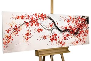 KunstLoft Leinwandbild | 100% HANDGEMALT | 150x50cm | Gemälde 'Cherrytree Alley' | Wald & Bäume | Rot Weiß | Wandbild Wohnzimmer