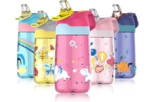 Fjbottle Borraccia Bambini con Cannuccia 450ml, Tritan - Senza BPA/Senza Perdite, Bottiglia Acqua trasparente Plastica riutilizzabile, scuola, asilo - Leggera e Robusta