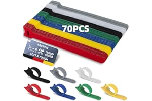 KACNON 70 Stück Klettband Kabelbinder Klett, 150x12 mm 7 Farben Klett Kabelbinder Wiederverwendbare, Verstellbare Klettband Kabelbänder, Klettband Kabelklett Klettbinder für Haus Büro und Gartena