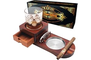Holz Zigarren Aschenbecher Whiskey Untersetzer - Crefun CK2631 zigarren zubehör für männer Whiskey zigarren geschenkset, mit abnehmbarer aschenbecher Schublade Zigarrenschneider und 2 zigarrenhalter