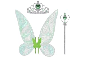 PRO-NOKE Butterfly Fairy Wings with Crown Fairy Wand 3 Pcs Fairy Princess Costume Accessories for Girls Women Fancy Party Dress Up (Green)