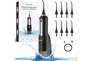 Sejoy Munddusche Kabellos Elektrische, Water Flosser Zahndusche Wasserdicht 270ML Tragbar Oral Irrigator USB Aufladen Zahnreiniger Reisemunddusche für Zuhause Büro, mit 5 Modi und 8 Düsen, Schwarz