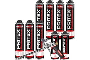 PRITEX – Bauschaum Set aus 6 x 750 ml Pistolenschaum inkl. 2 x 500 ml Pistolenreiniger und Schaumpistole – Montageschaum zum Verfüllen, Dämmen & Abdichten – PU-Schaum mit hervorragender Wärmedämmung
