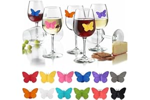 MARJORAMY 12pcs Marcador de Copa de Vino Silicona Marcadores de Vidrio de Fiesta Reconocimiento Vasos de Mariposa con Ventosa Identificadores Copas Reutilizables Marcadores de Copa para bar Fiesta