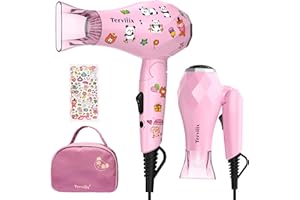 ‎TERVIIIX Terviiix Mini tragbarer Reise-Haartrockner, kleiner leichter Föhn, 1000 W kompakter Haartrockner mit DIY-Aufklebern für Kinder, mit Konzentratdüsenaufsatz für Reisen, Dual-Spannung