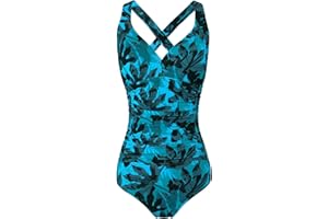 F FLYRONG Women's Swimming Costume Ruched Tummy Control Swimwear V Neck One Piece Cross Strap Swimsuit, UK 12-14, Black