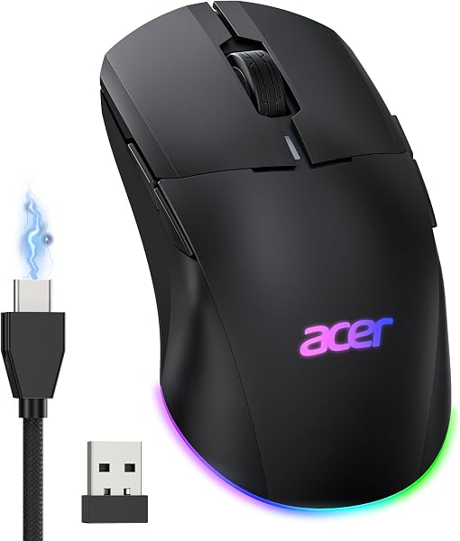 Acer Wireless Gaming Mouse for Laptop, 24000 DPI Wired Gaming Mouse with 8 Programmable Buttons, RGB USB Mice Gamer, Left & Right Hand, Rechargeable Computer Mouse, Long Battery for PC, Desktop - 1