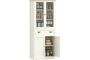 HOMCOM Alacena de Cocina Despensa Armario de Cocina con 2 Puertas de Vidrio 1 Cajón y Baldas Ajustables Aparador para Comedor Salón 76x40x182,5 cm Crema