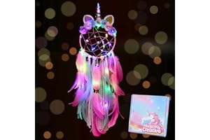 Basumee Unicorn Dream Catcher Wall Decor Cute Feather Dreamcatcher with Light Colorful Feather Dreamcatchers for Girls Gift Home Hanging Decoration for Room Bedroom, Pink