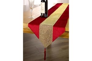 Emma Barclay Eclat Diamante Sparkle Tasseled Runner (Red & Gold, 13x72" (33x183cm))