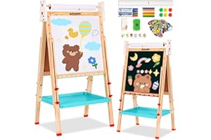 NUKIED Lavagna per Bambini a Doppia Faccia con Cavalletto Regolabili in Altezza,Rullo di Carta,Lavagna Bianca,Adesivi dei Cartoni Animati e Altri Accessori,Giocattoli Educativi 3+ Anni
