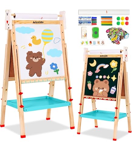 COSTWAY Cavalletto Lavagna 4-in-1 Per Bambini – Lavagna Magnetica E Nera, Regolabile In Altezza, Con Sgabello, Rotolo Carta E Accessori, Ruote