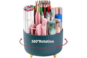 DEYAAH Pencil Pen Holder for Desk, 5 Slots 360°Degree Rotating Pencil Pen Organizers for Desk, Desktop Storage Stationery Supplies Organizer, Cute Pencil Cup Pot for Office, School, Home, Art Supply (Green)